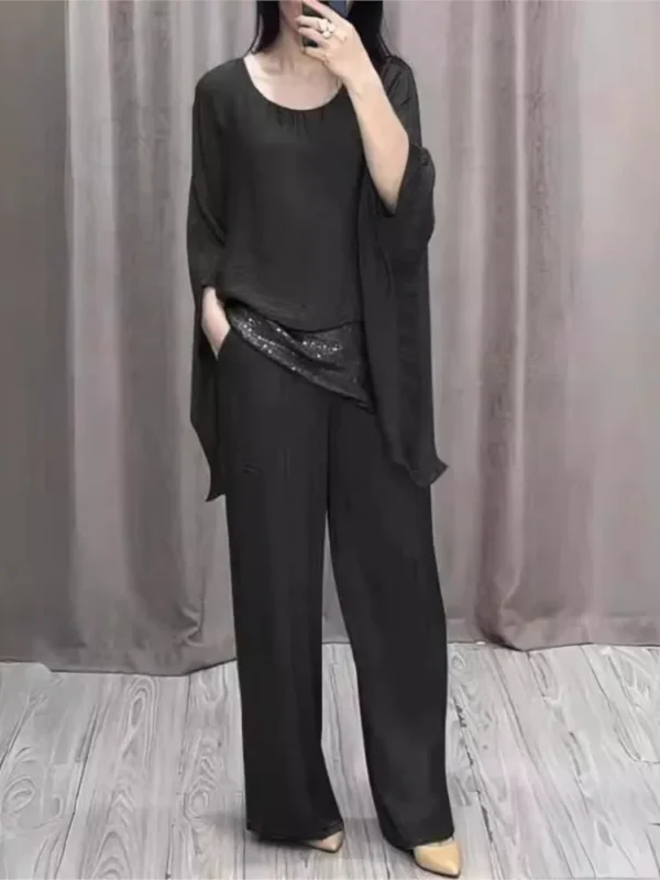 Elegant Women's Suit Casual Batwing Sleeve Blouse Top With Wide Leg Pants Fashion 2 Piece Set Party Outfits 2025 New Autumn - Image 3