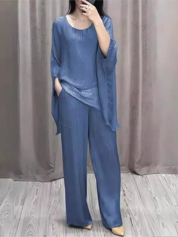 Elegant Women's Suit Casual Batwing Sleeve Blouse Top With Wide Leg Pants Fashion 2 Piece Set Party Outfits 2025 New Autumn